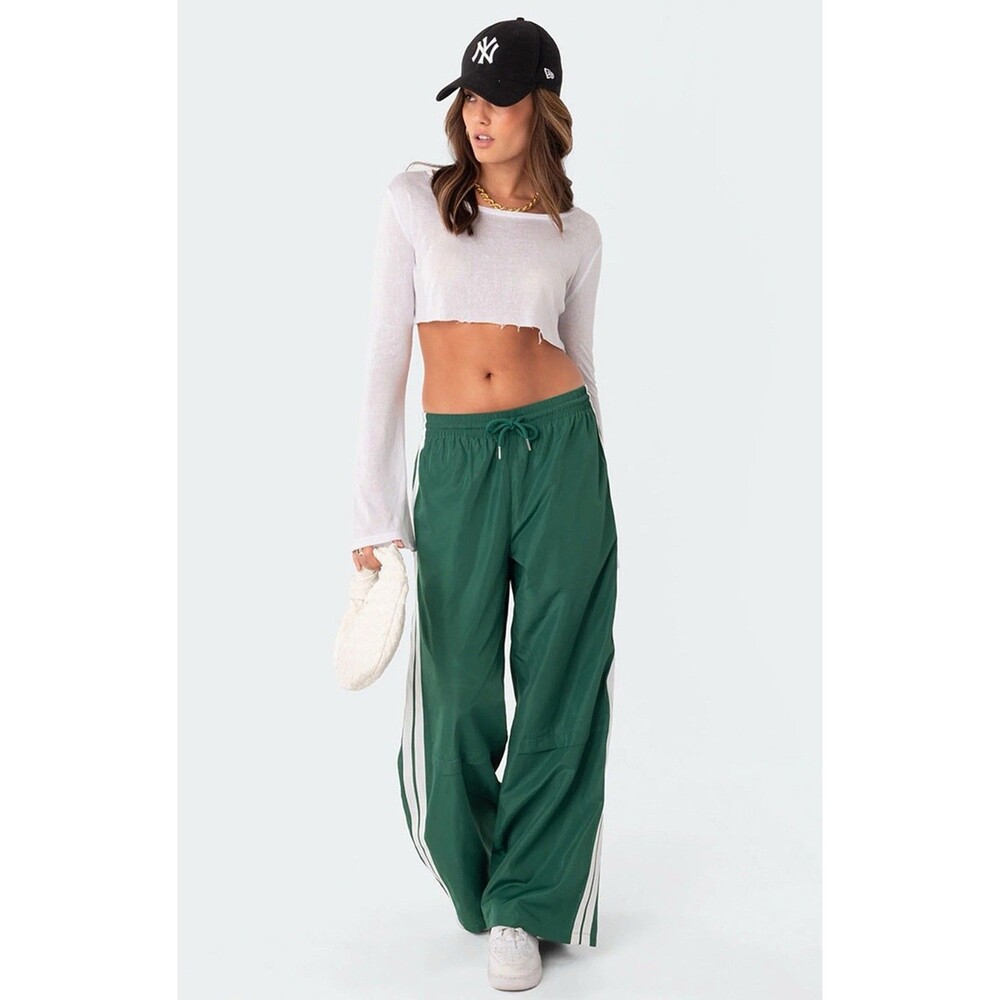 Edikted Women’s Green and White Track Pants Size Small Wide Leg Elastic Waist
